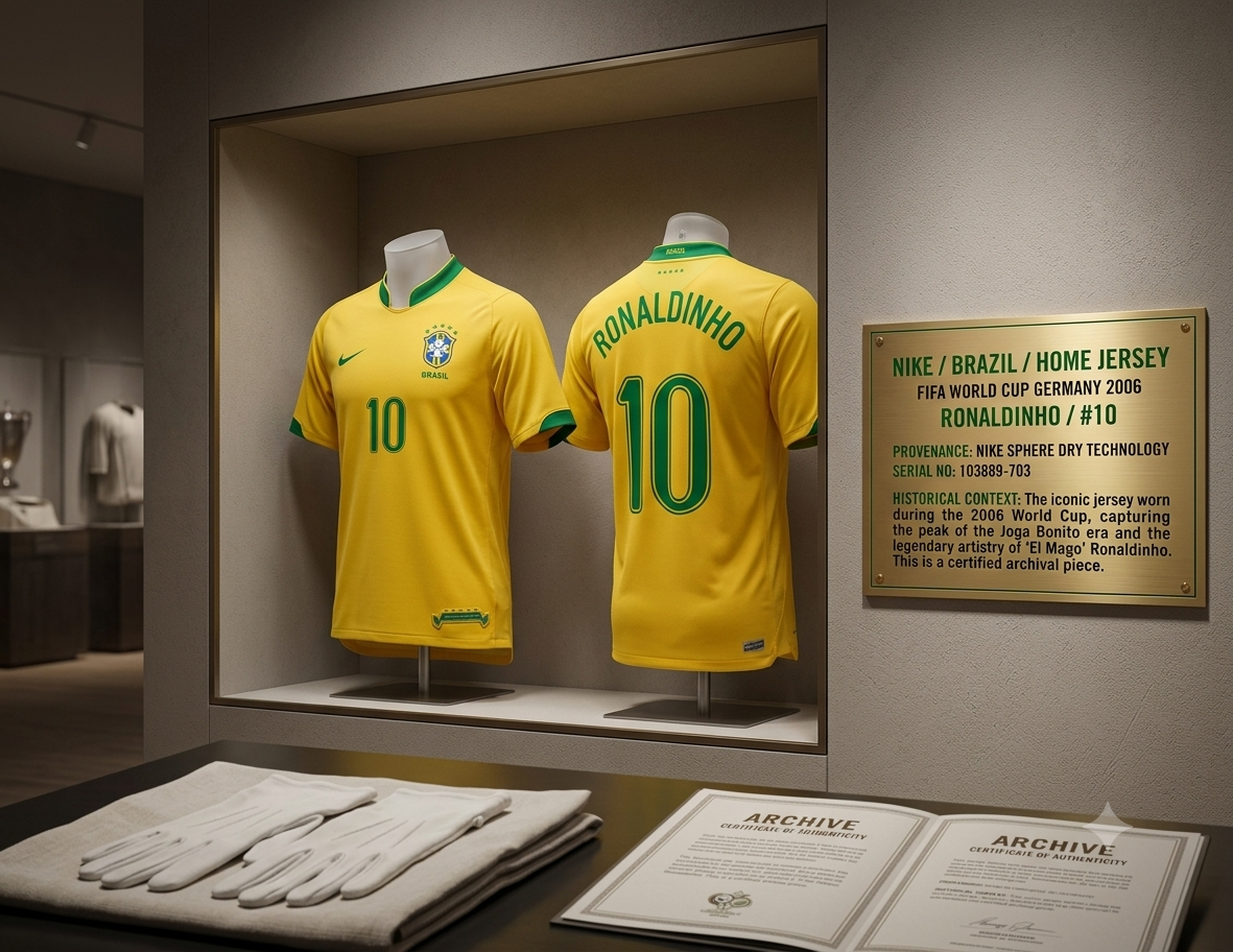 Jersey de archivo de Ronaldinho Brasil Local Mundial FIFA 2006 exhibido en vitrina de boutique con certificado de autenticidad, codigo 103889-703 en Futbol90MX