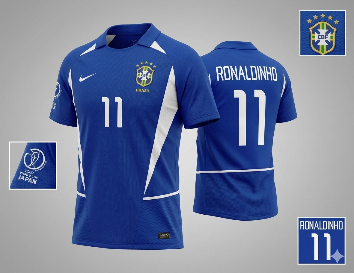Dorsal oficial de Ronaldinho #11 en jersey de Brasil 2002, edición conmemorativa Pentacampeão con tipografía Nike de época.