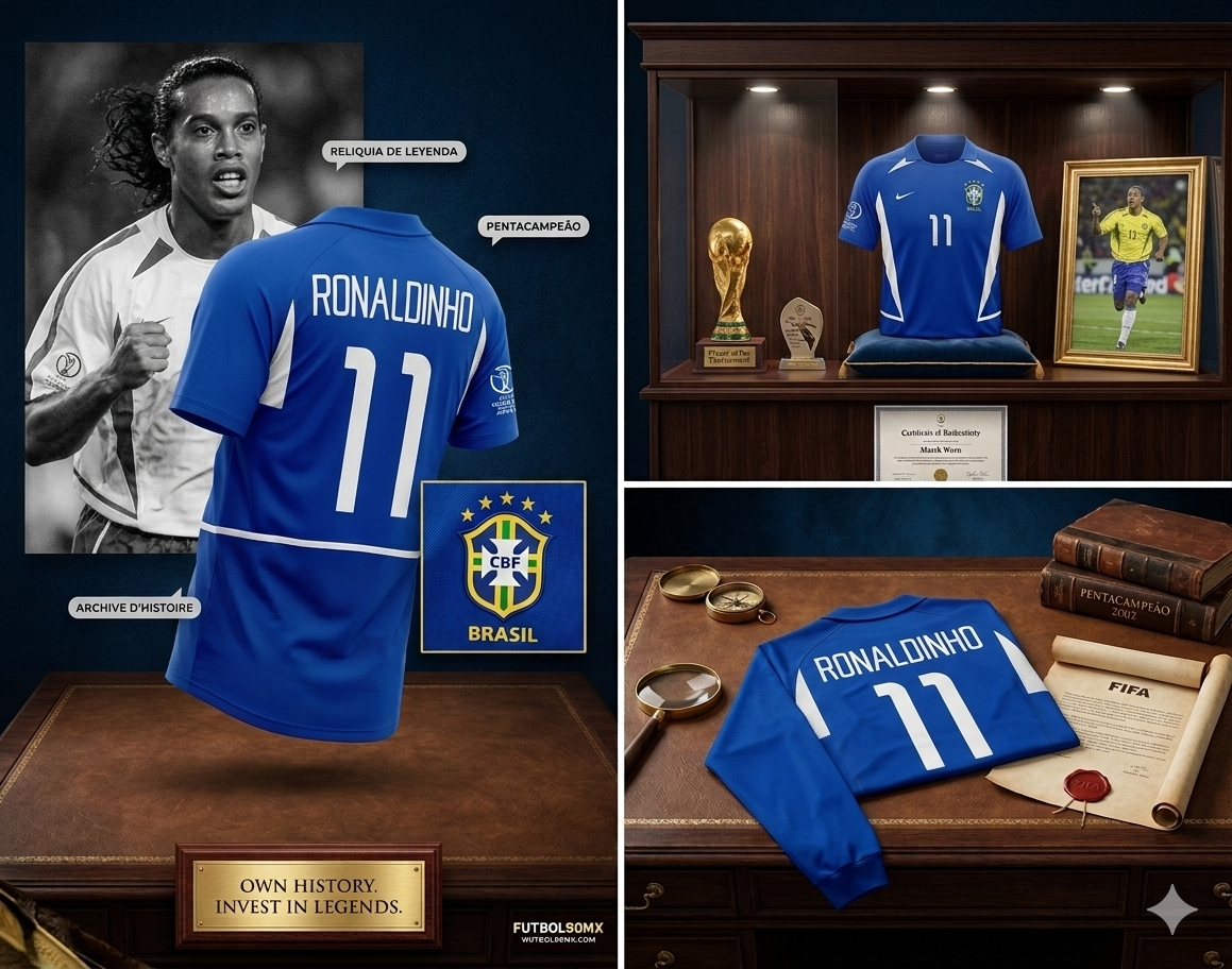 Panel de marketing de Futbol90MX mostrando el jersey de Ronaldinho 2002 como activo de inversión y reliquia de leyenda del Pentacampeonato.