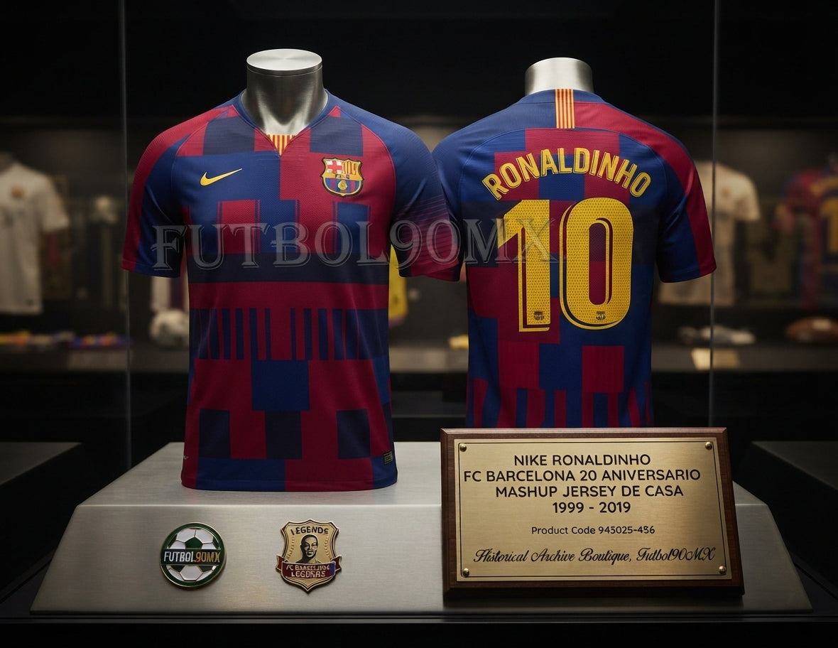 Vista de la Exhibición museográfica con el dorsal Ronaldinho en el jersey Nike FC Barcelona Mashup Local 1999-2019 (Ref. 943025-456) en la Historical Archive Boutique de Futbol90MX
