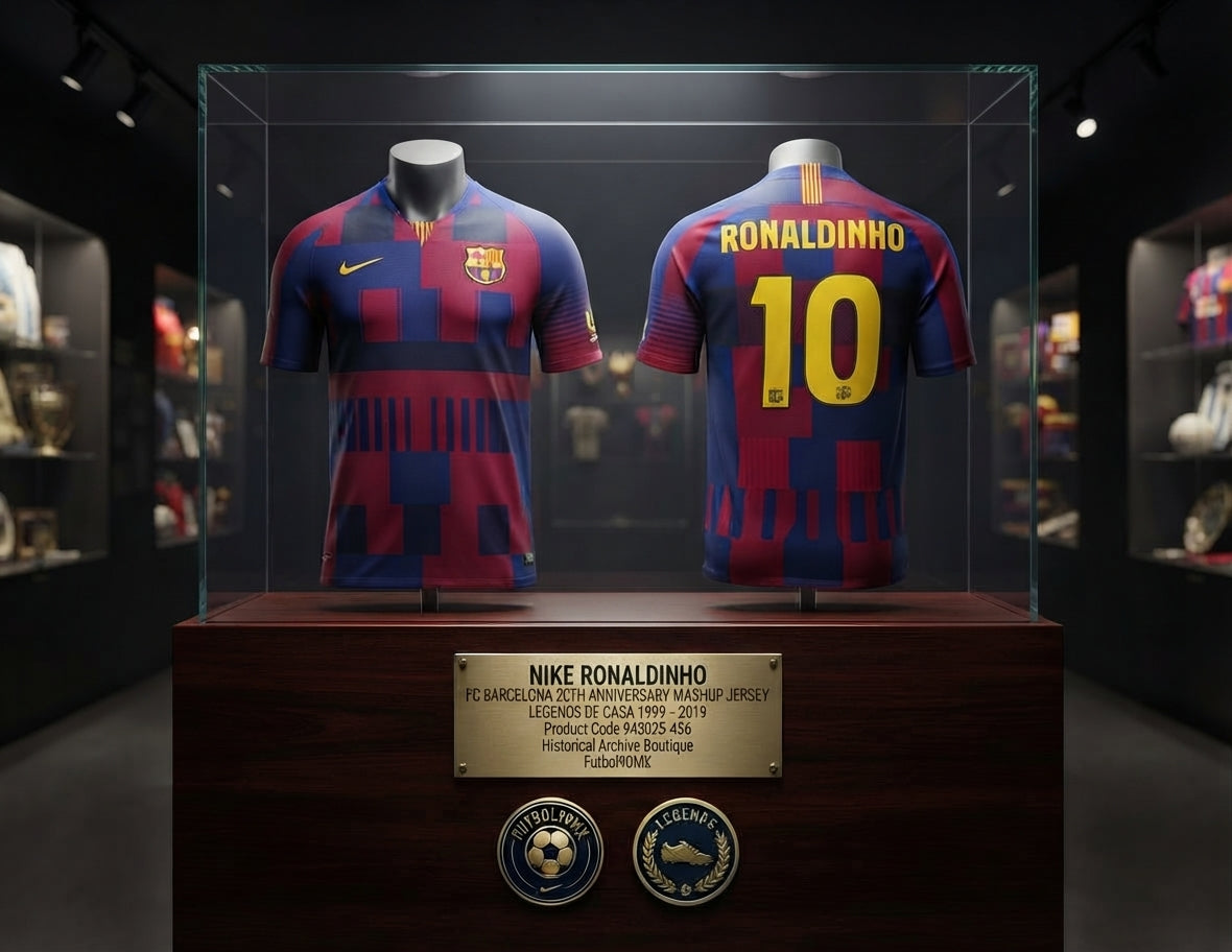 Exhibición museográfica del jersey Nike Ronaldinho 10 FC Barcelona 20th Anniversary Mashup Legends Local (1999–2019) en una vitrina de cristal sobre pedestal de caoba. Incluye placa metálica conmemorativa de archivo de Futbol90MX y medallas de autenticidad. 🏛️⚽✨