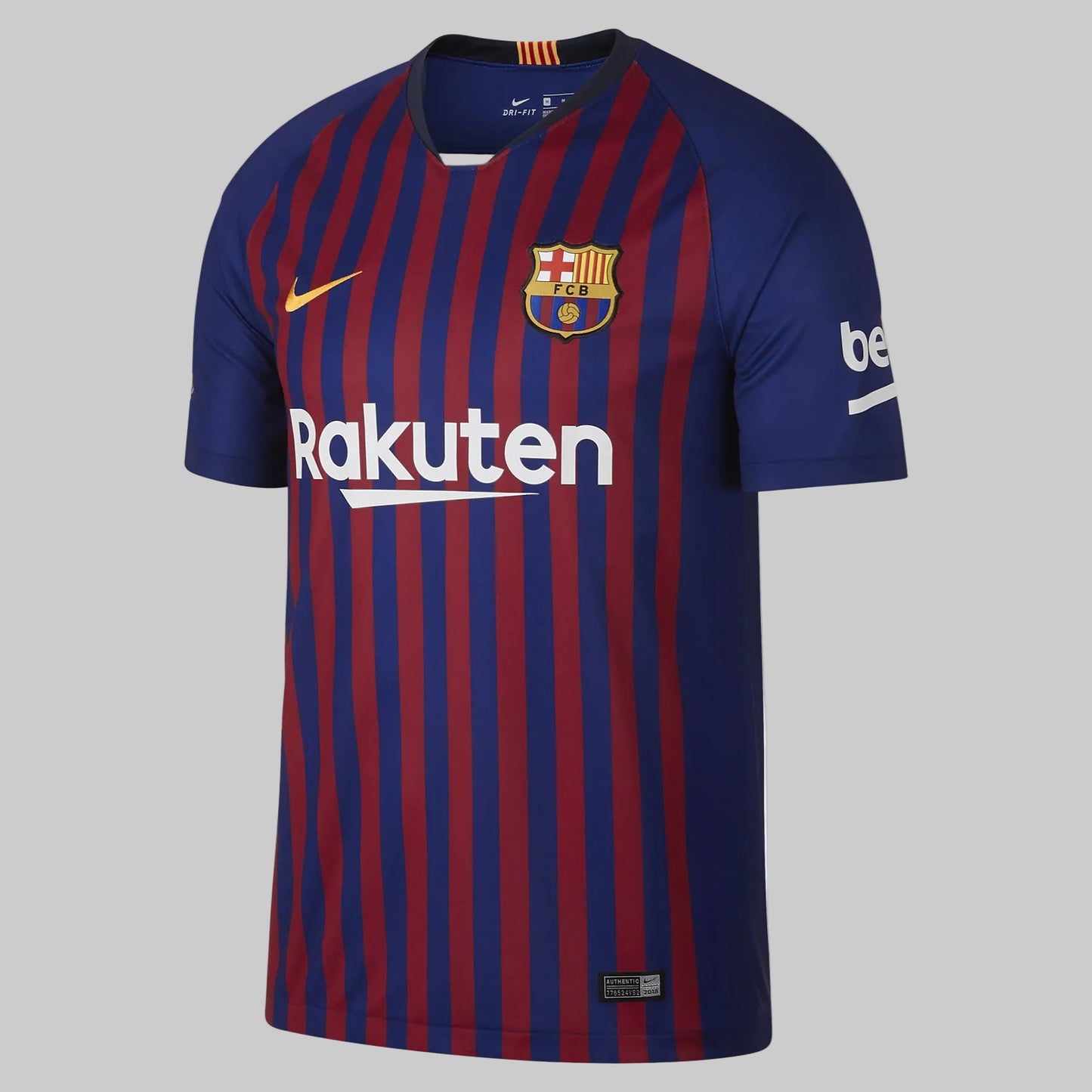 Vista frontal del jersey Nike FC Barcelona Home 2018/19 de Ronaldinho en Futbol90MX