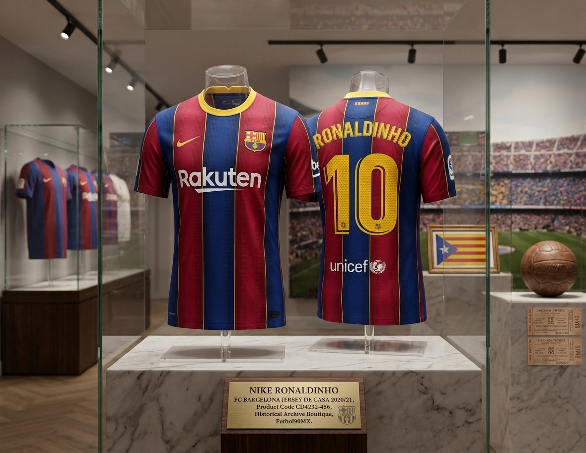 Exhibición museográfica dual frontal y posterior del jersey Nike Ronaldinho FC Barcelona de casa 2020/21 (Ref. CD4232-456) en vitrina de archivo de la Historical Archive Boutique de Futbol90MX.