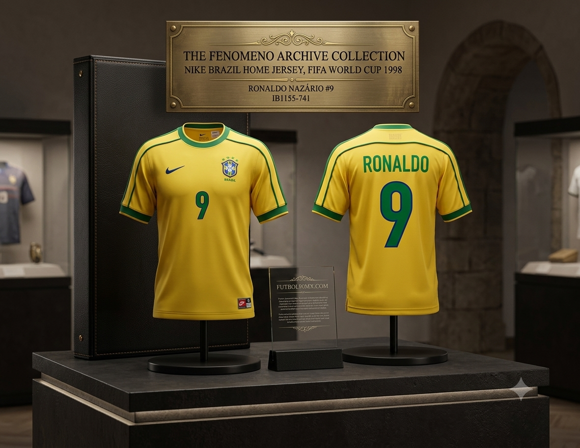 Exposición de museo del jersey Nike Brasil 1998 Ronaldo Nazário, codigo IB1155-741, disponible en Historical Archive Boutique Futbol90MX