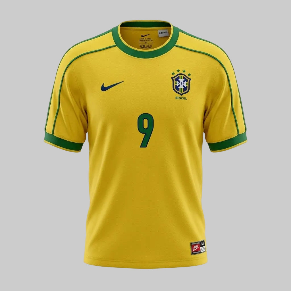 Vista frontal del Jersey Nike Brasil Home 1998 reedición 2024, con tipografia de Ronaldo 9, stock Futbol90MX