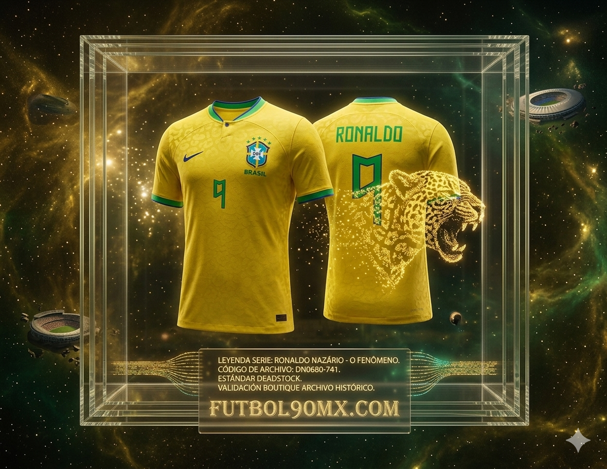 Activo de archivo: Jersey local Brasil 2022 edición leyenda 'RONALDO #9' (DN0680-741) exhibido en formato cósmico con placa técnica, condición Deadstock, en Historical Archive Boutique Futbol90MX.
