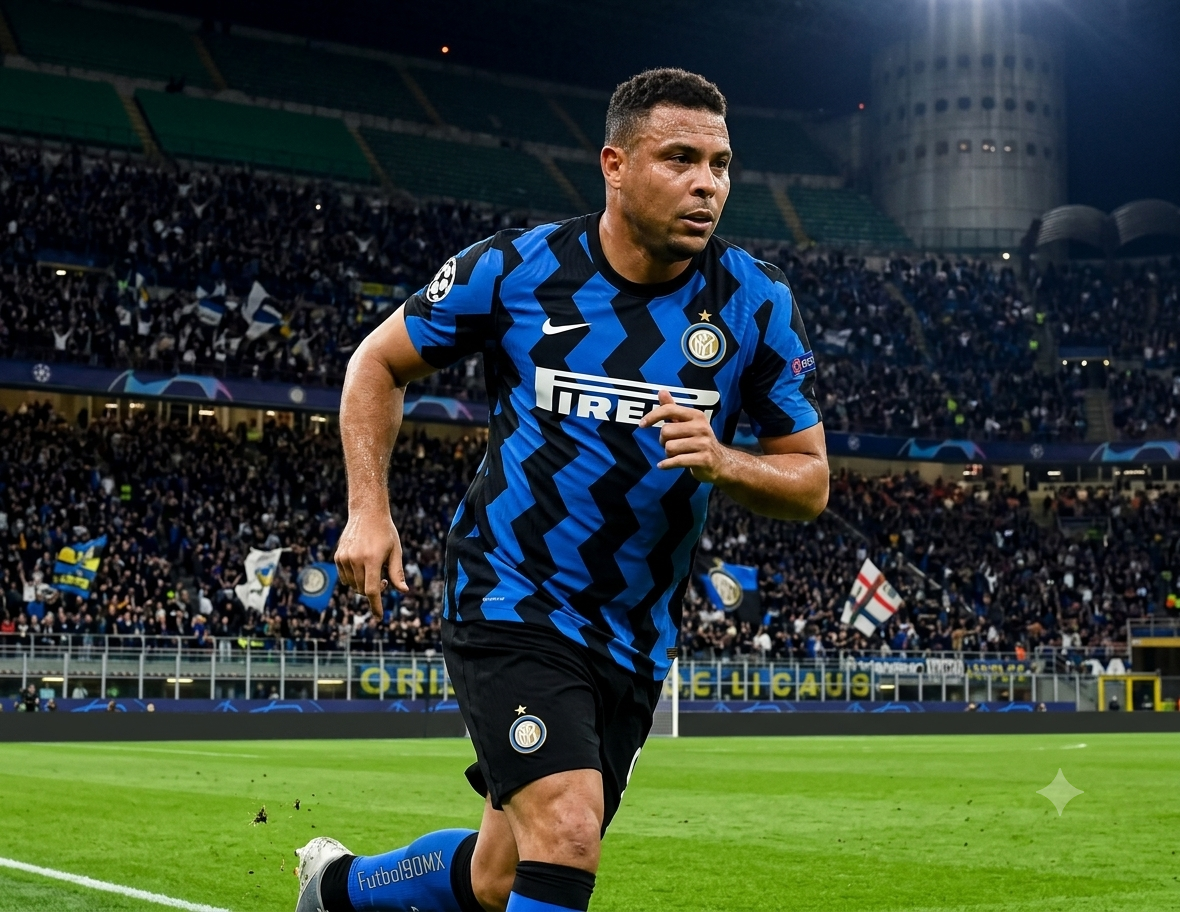 Una vista clara de Ronaldo Nazário en acción en el terreno de juego del Estadio San Siro (Stadio Giuseppe Meazza) durante un partido nocturno. Viste la camiseta de local específica de la UEFA Champions League 2020/21 del Inter de Milán, que tiene el patrón de zigzag azul y negro, el logotipo de PIRELLI y el número 9. Su nombre 'RONALDO' es visible en su espalda. Es capturado a mitad de zancada, sudando, con una expresión concentrada, contra una multitud abarrotada en el estadio y brillantes focos.