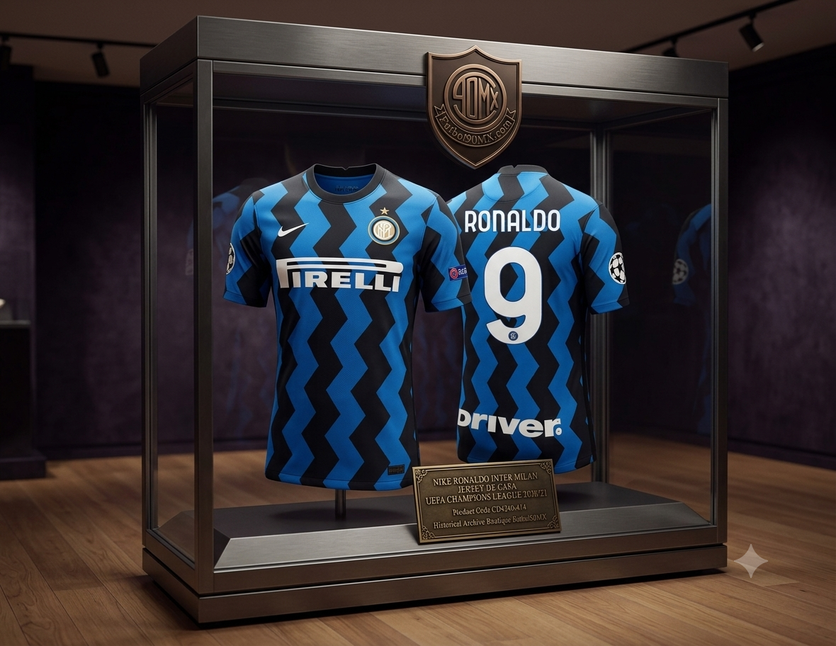 Una vitrina de museo de alta calidad que exhibe el Jersey Nike de local del Internazionale Milano para La UEFA Champions League 2020/21. La camiseta, de rayas en zigzag azules y negras, se muestra tanto por delante, con el logotipo del patrocinador PIRELLI, como por detrás, con el nombre 'RONALDO' y el número '9', codigo CD4240-414. La vitrina está adornada con un escudo de 'Futbol90MX.com' y una detallada placa de latón con información histórica, ambientada en una sofisticada galería de museo.
