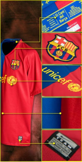 Desglose visual de los detalles del jersey de local de Eto'o del FC Barcelona 2008/09, incluyendo el cuello "El Cant del Barça", el escudo, el patrocinador UNICEF, la textura de la tela y la etiqueta de autenticidad Nike Team, en Futbol90MX