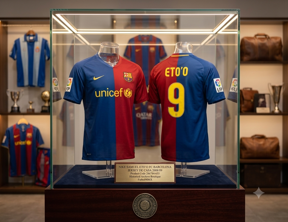 Exhibición de archivo de museo para el jersey Nike de local del FC Barcelona 2008/09 de Samuel Eto'o #9 (Ref. 286784-655), con vistas frontal y dorsal, presentado en una vitrina de lujo con iluminación LED y placa conmemorativa de la Historical Archive Boutique Futbol90MX