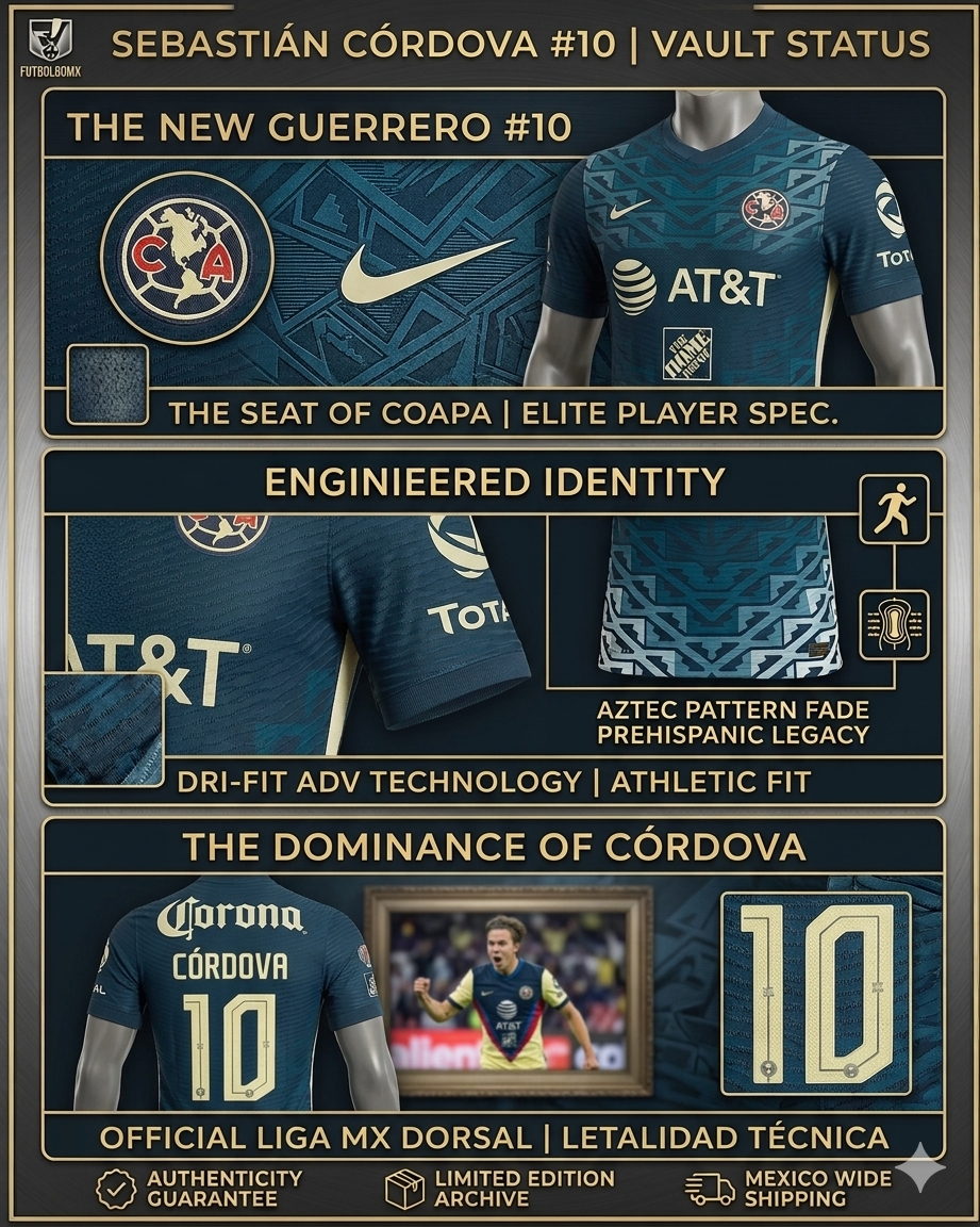 Infografía de archivo: Jersey Nike Club América 2021/22 ADV Vapor Match de Sebastián Córdova #10 con estatus Vault y detalles técnicos.