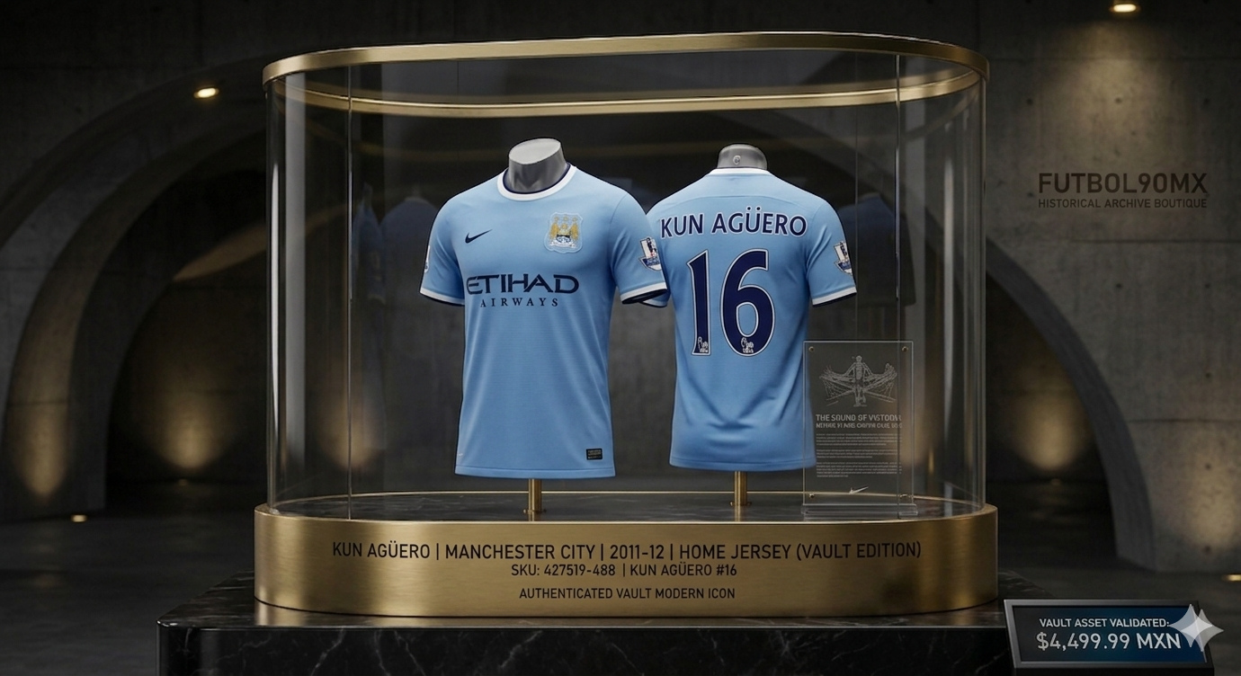 Vitrina de exhibición de Futbol90MX con el jersey Nike Manchester City 2011-12 de Kun Agüero #16, edición de bóveda autenticada sobre base de mármol y oro.