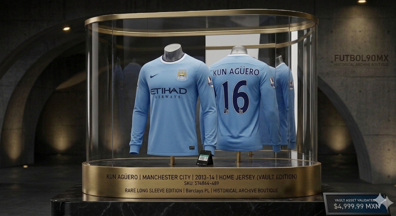 Activo histórico en vitrina: Jersey manga larga Nike Manchester City 2013-14 de Kun Agüero, SKU 574872-489, edición rara Long Sleeve en la Historical Archive Boutique.