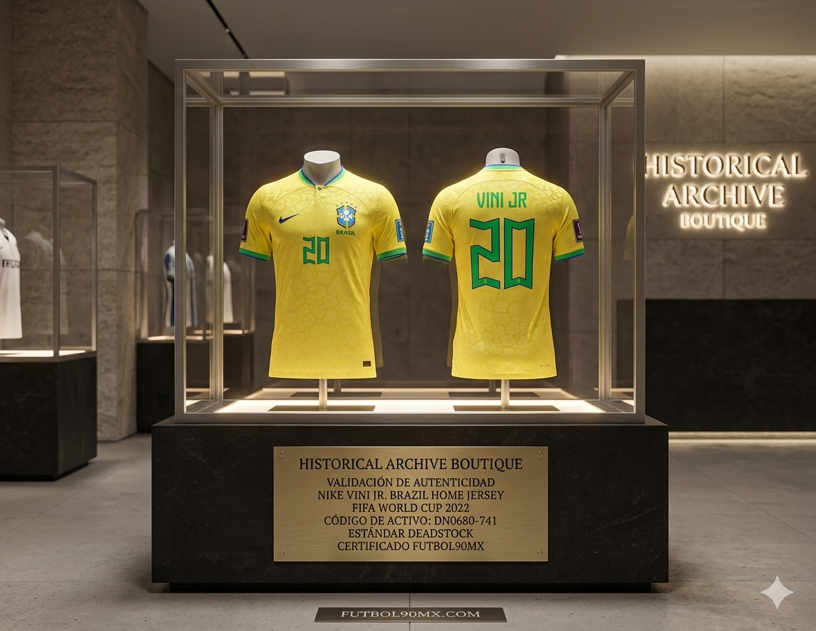 Jersey Nike Brasil 2022 de Vini Jr., código DN0680-741, exhibido en pedestal de museo con placa de autenticidad Historical Archive Boutique Futbol90MX