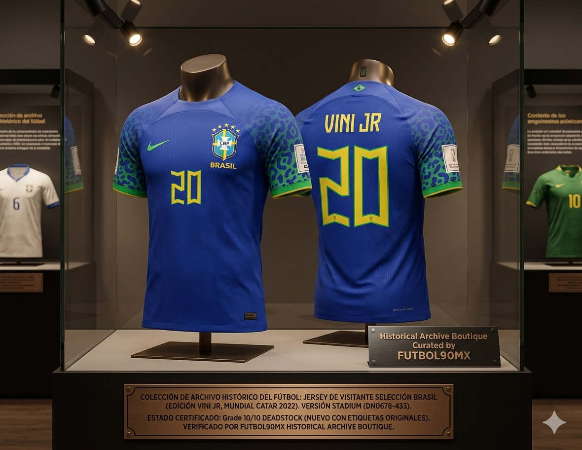 Exhibición de museo del jersey Nike Brasil Away 2022 edición Vini Jr 20 dentro de un gabinete de cristal, con placa certificadora que valida el estado Deadstock 10/10 y paneles que destacan el detalle de los parches oficiales del torneo, codigo DN0678-433, en Historical Archive Boutique Futbol90MX