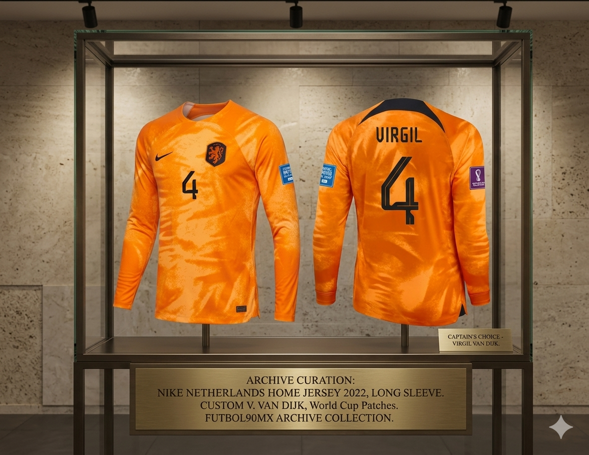 Jersey Nike de Virgil van Dijk exhibido en una vitrina de museo de la Historical Archive Boutique, resaltando su estatus de pieza de colección con parches oficiales de la Copa Mundial 2022, codigo DN0669-845 en Futbol90MX