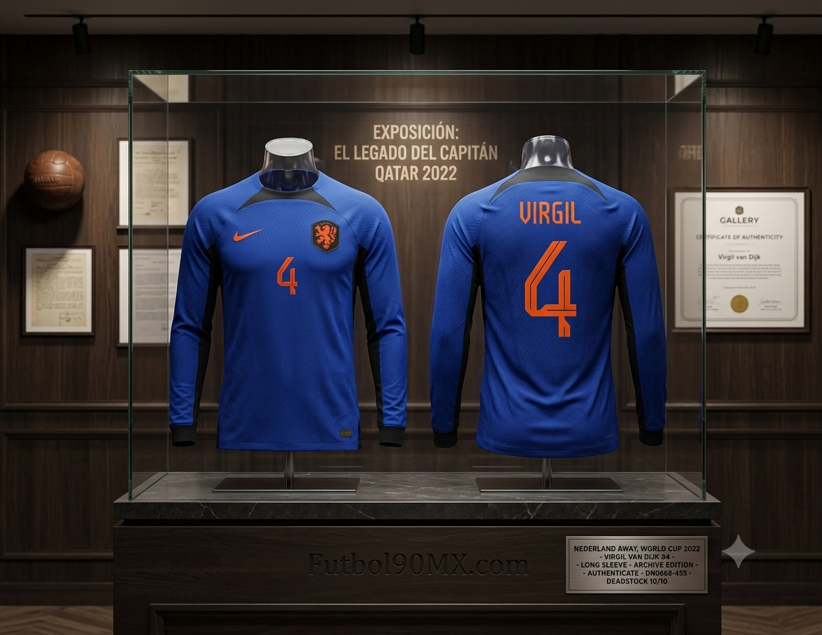 Exhibición de archivo Futbol90MX: Jersey Manga Larga Nike Países Bajos Mundial 2022 visitante de Virgil van Dijk en vitrina premium, certificado de autenticidad., codigo DN0668-455