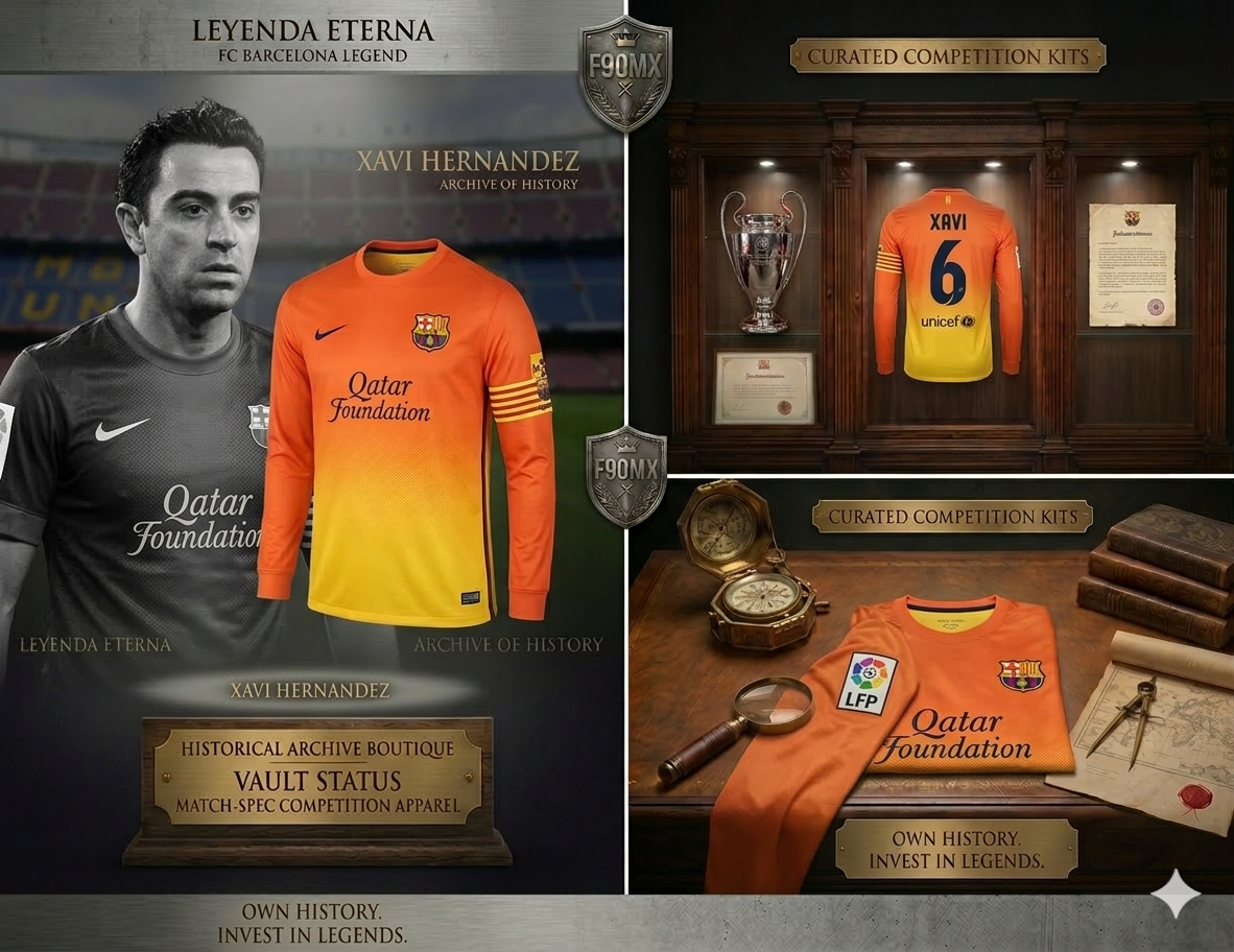 Collage de marketing estilo boutique con retrato de Xavi Hernández, detalles del jersey de manga larga y exhibición en vitrina tipo museo.