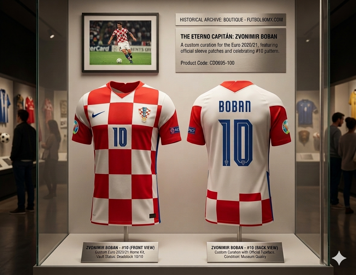 Composición artística de archivo del jersey Nike CD0695-100 Croacia Euro 2020/21 de Zvonimir Boban (#10) exhibido en una galería digital "Vault Status" de Futbol90MX