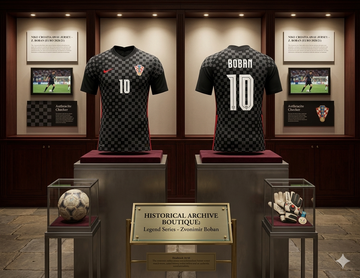 Composición artística de archivo del jersey Nike Croacia Euro 2020/21 de Zvonimir Boban (#10), exhibido en un entorno de galería digital con iluminación técnica para resaltar su estatus de activo de colección, en Futbol90MX, codigo CD0694-060