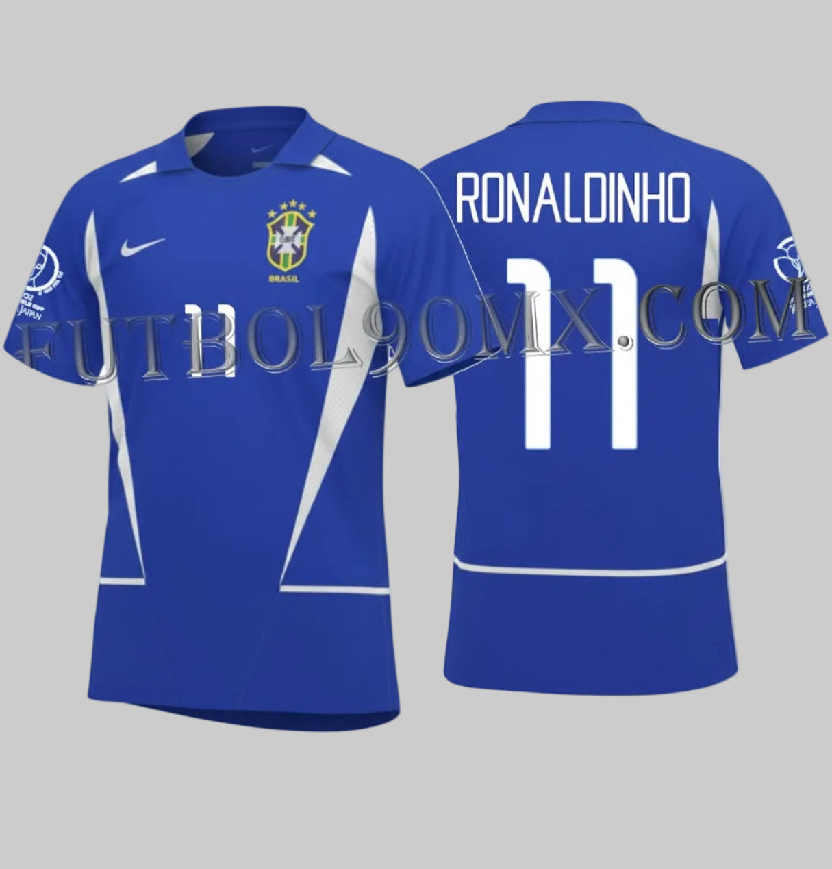 Jersey Nike Brasil Visita 2002 Ronaldinho #11 Edición Campeones 5 Estrellas, vistas frontal y dorsal con tipografía oficial blanca.