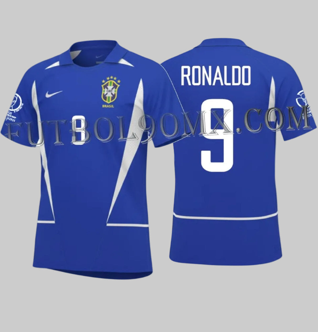 Jersey Nike Brasil Visita 2002 Ronaldo #9 Edición Campeones 5 Estrellas, vistas frontal y dorsal con tipografía oficial blanca.