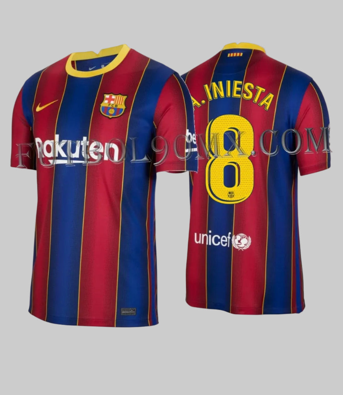 Vista frontal y posterior del jersey Nike Andrés Iniesta FC Barcelona de casa 2020/21 (Ref. CD4232-456) con franjas blaugranas y el dorsal #8, disponible en la Historical Archive Boutique de Futbol90MX