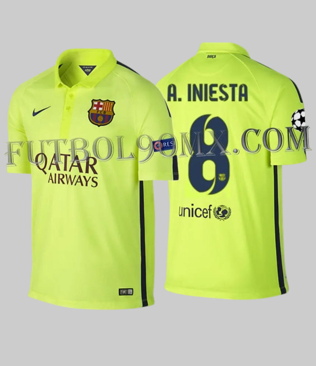 Vista dual frontal y posterior del jersey Nike Andrés Iniesta FC Barcelona tercero de la UEFA Champions League 2014/15 (Ref. 631192-711) en color Volt con el dorsal #8, disponible en Futbol90MX.