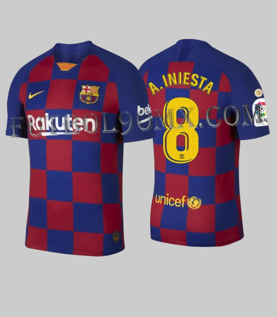Vista frontal y posterior del jersey Nike FC Barcelona Authentic Vapor Match Local 2019/20 Andrés Iniesta #8 (Ref. AJ5257-456) disponible en la Historical Archive Boutique de Futbol90MX
