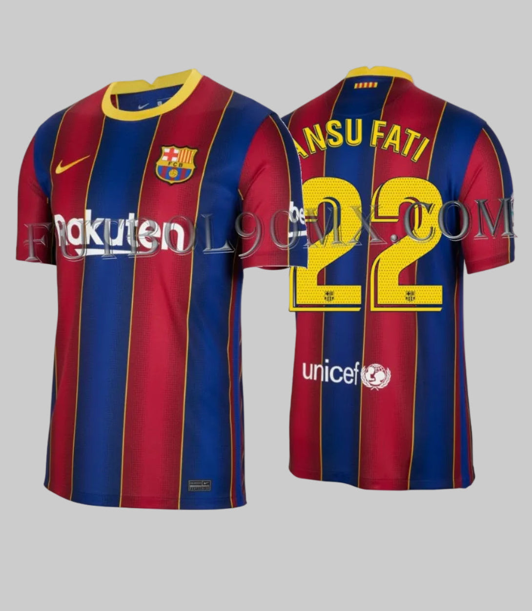 Vista frontal y posterior del jersey Nike Ansu Fati FC Barcelona de casa 2020/21 (Ref. CD4232-456) con franjas blaugranas y el dorsal #22, disponible en la Historical Archive Boutique de Futbol90MX