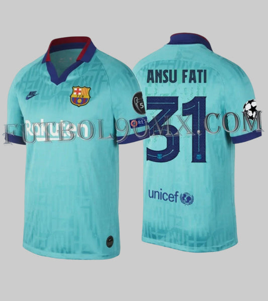 Vista frontal y posterior de la camiseta Nike Ansu Fati FC Barcelona Tercero UEFA Champions League 2019/20 (Ref. AT0029-310) disponible en Futbol90MX