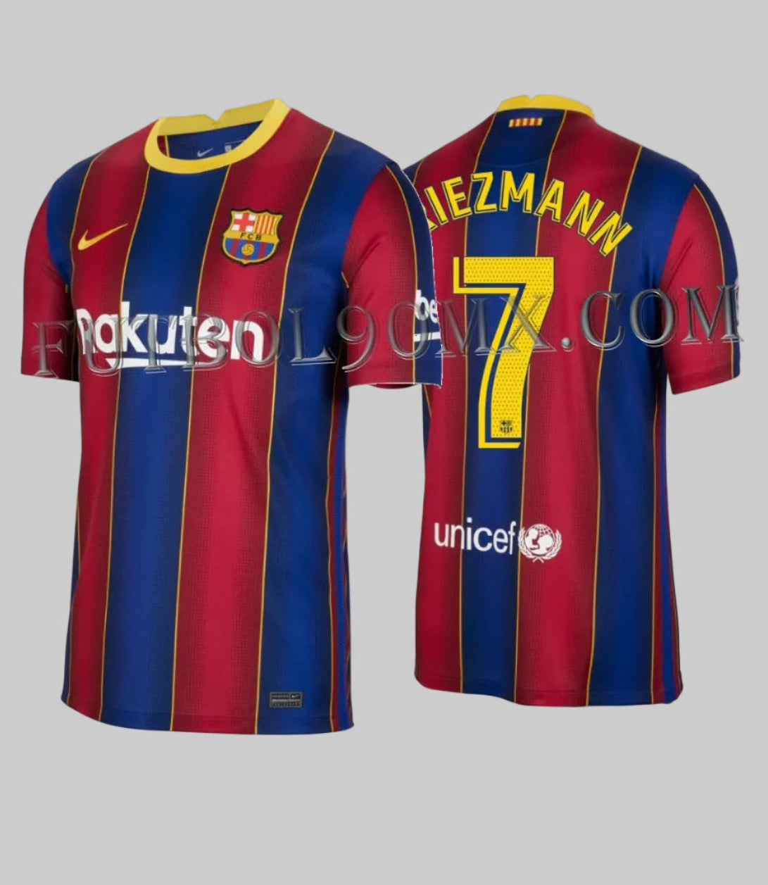 Vista frontal y posterior del jersey Nike Antoine Griezmann FC Barcelona de casa 2020/21 (Ref. CD4232-456) con las icónicas franjas blaugranas y líneas doradas, disponible en la Historical Archive Boutique de Futbol90MX