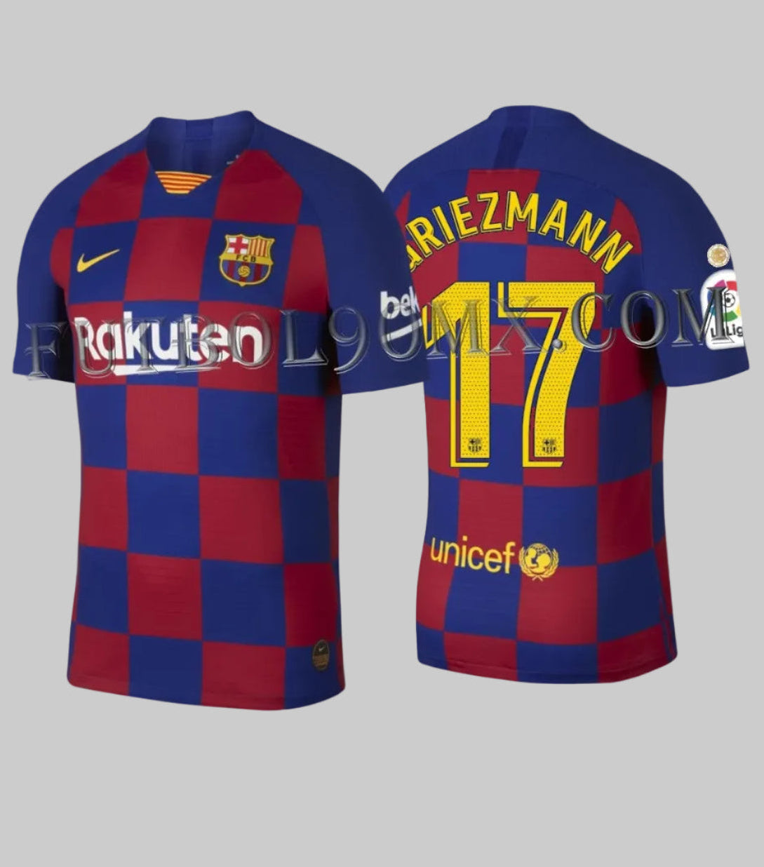 Vista frontal y posterior del jersey Nike FC Barcelona Authentic Vapor Match Local 2019/20 Antoine Griezmann #17 (Ref. AJ5257-456) disponible en la Historical Archive Boutique de Futbol90MX.