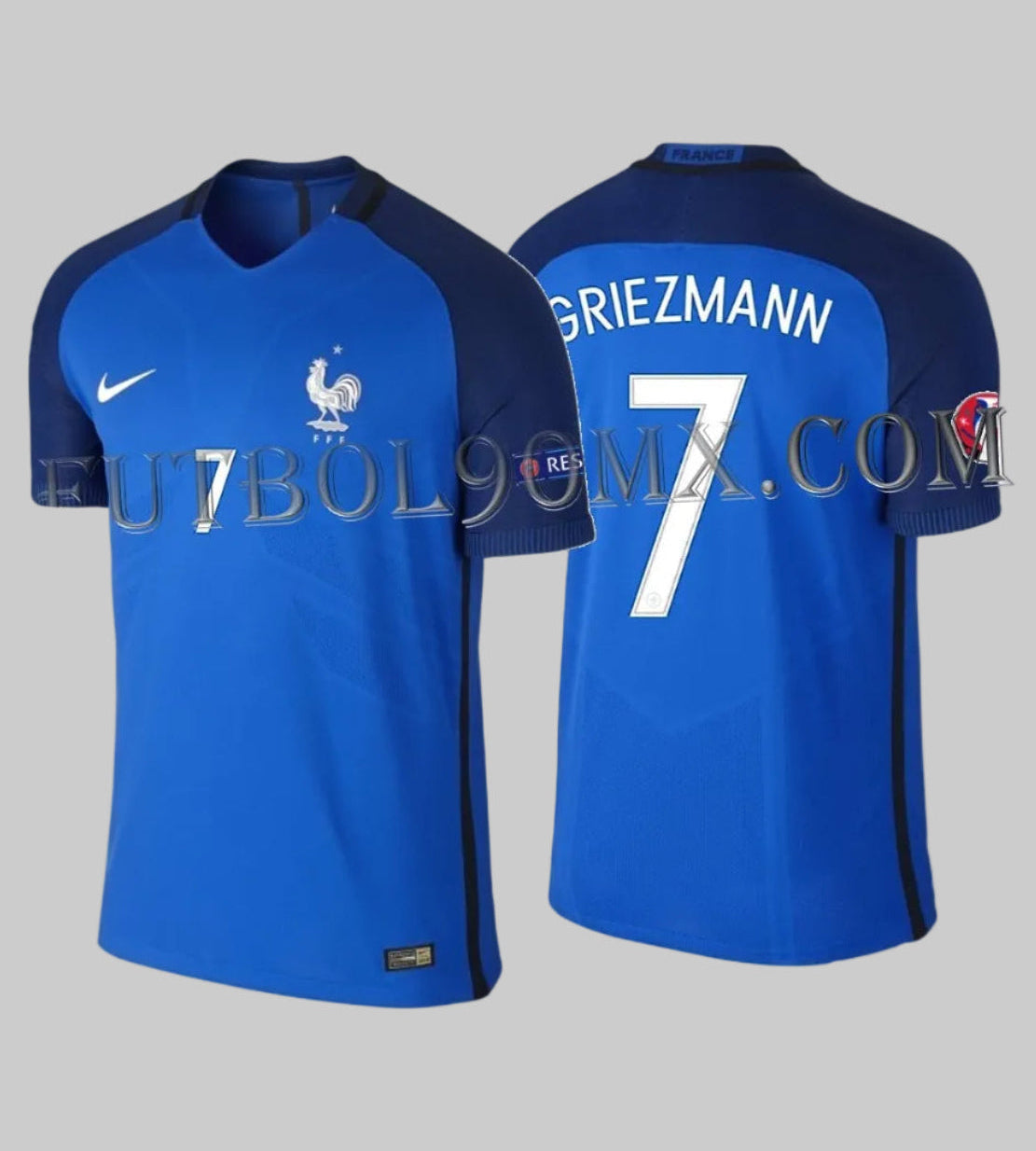 Jersey Nike Authentic Vapor Match de Francia, edición Euro 2016, personalizado con el nombre y dorsal #7 de Antoine Griezmann, codigo 724616-439 en Futbol90MX.