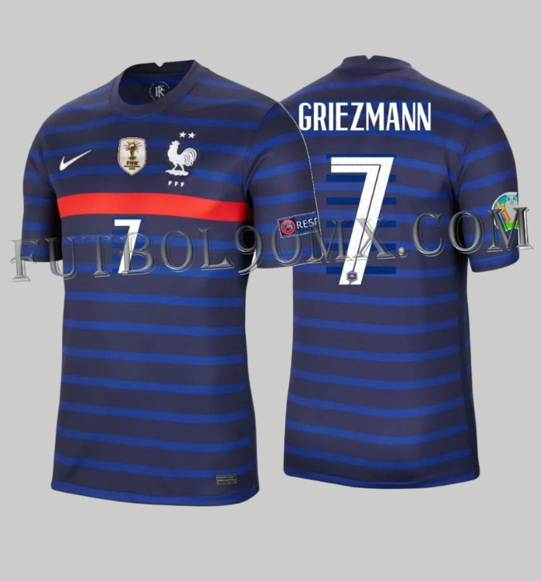Jersey Nike CD0700-498 Francia 2020 Home Stadium Antoine Griezmann 7 con parches de Campeón Mundial y Eurocopa.