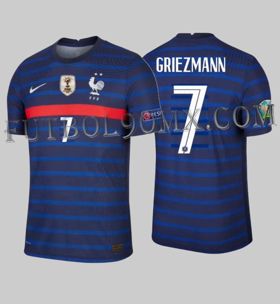Jersey oficial Nike CD0586-498 Francia Home 2020 2021 Antoine Griezmann 7 versión Vapor Match Player Issue con parche Campeón del Mundo FIFA Futbol90MX