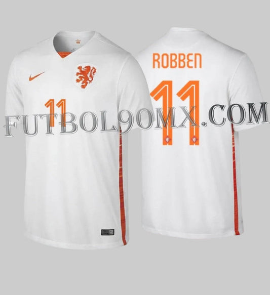 Vista dual del jersey Nike de Holanda Visita 2015/16 con nombre y número 11 de Arjen Robben en tipografía oficial codigo 640844-105, disponible en Futbol90MX