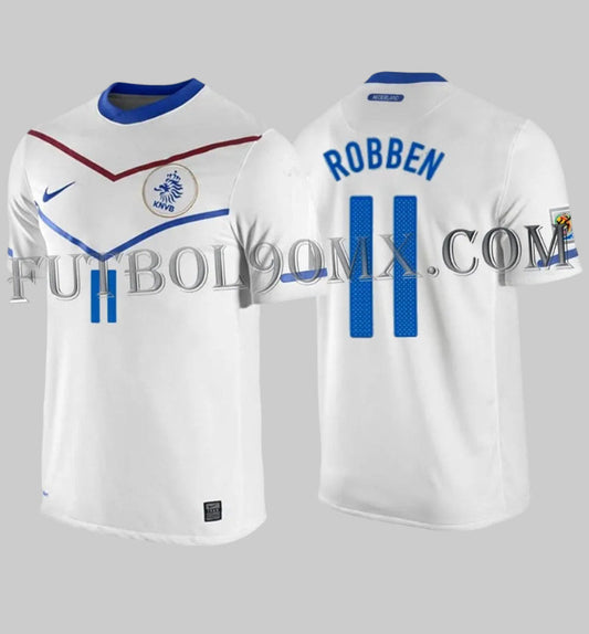 Vista dual del jersey Nike Países Bajos Away 2010; frente con diseño de chevron 'V' tricolor y dorso con personalización oficial ROBBEN #11, activo de Historical Archive Boutique Futbol90MX codigo 376907-105