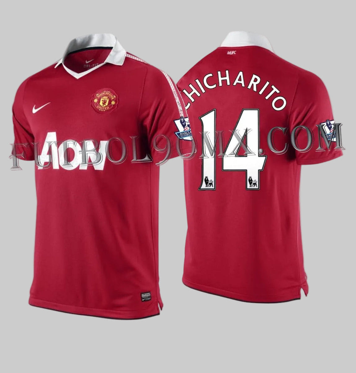 Jersey Nike Manchester United Home 2010/11 personalizado con Chicharito #14 y parches de la Premier League, vista frontal y trasera.