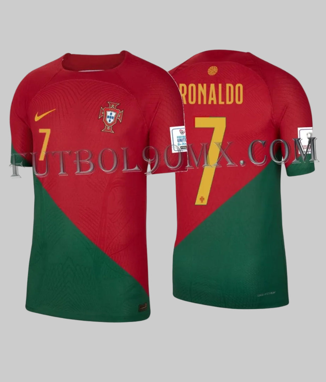 Vista dual del jersey de jugador Cristiano Ronaldo Portugal 2022 Match Local. Nombre RONALDO y número 7 en tipografía oficial. Tecnología Nike ADV DN0627-628 con patrón Jacquard de precisión. Deadstock Futbol90MX.
