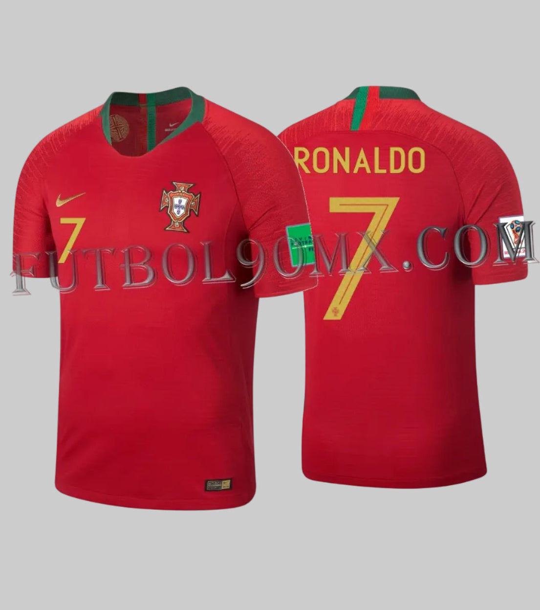 Vista dual del Jersey Authentic Vapor Match Nike Portugal Local con dorsal '7' y nombre 'RONALDO' en tipografía oficial, aplicado con acabado termotransferido de alta densidad, codigo 893879-687, disponible en Futbol90MX