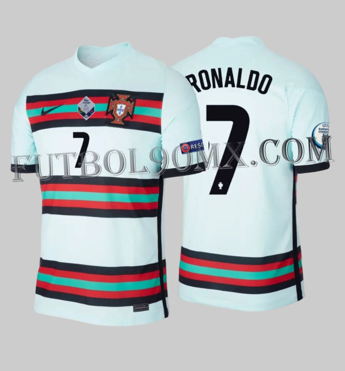 Vista dual del jersey Nike CD0703-336 Portugal Away 2020/21 en tono Teal Tint; frente con parche Nations League Winners y dorso con personalización oficial RONALDO #7, activo de Historical Archive Boutique Futbol90MX