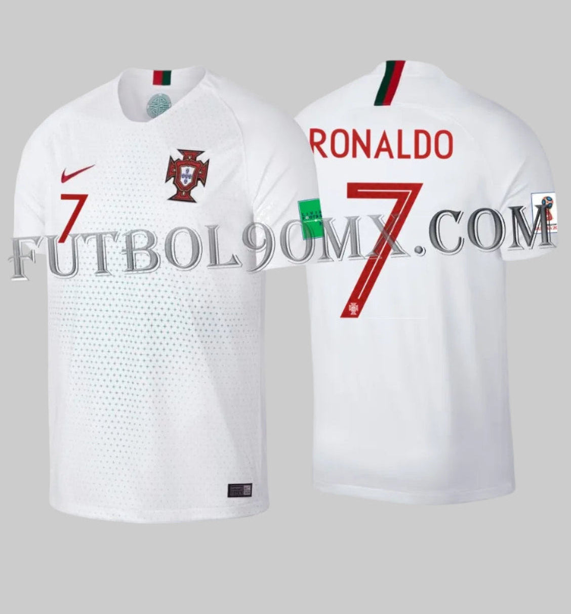 Jersey Nike 893876-100 Portugal Away 2018 Cristiano Ronaldo 7 edición Copa Mundial Rusia 2018 con parches oficiales FIFA Futbol90MX