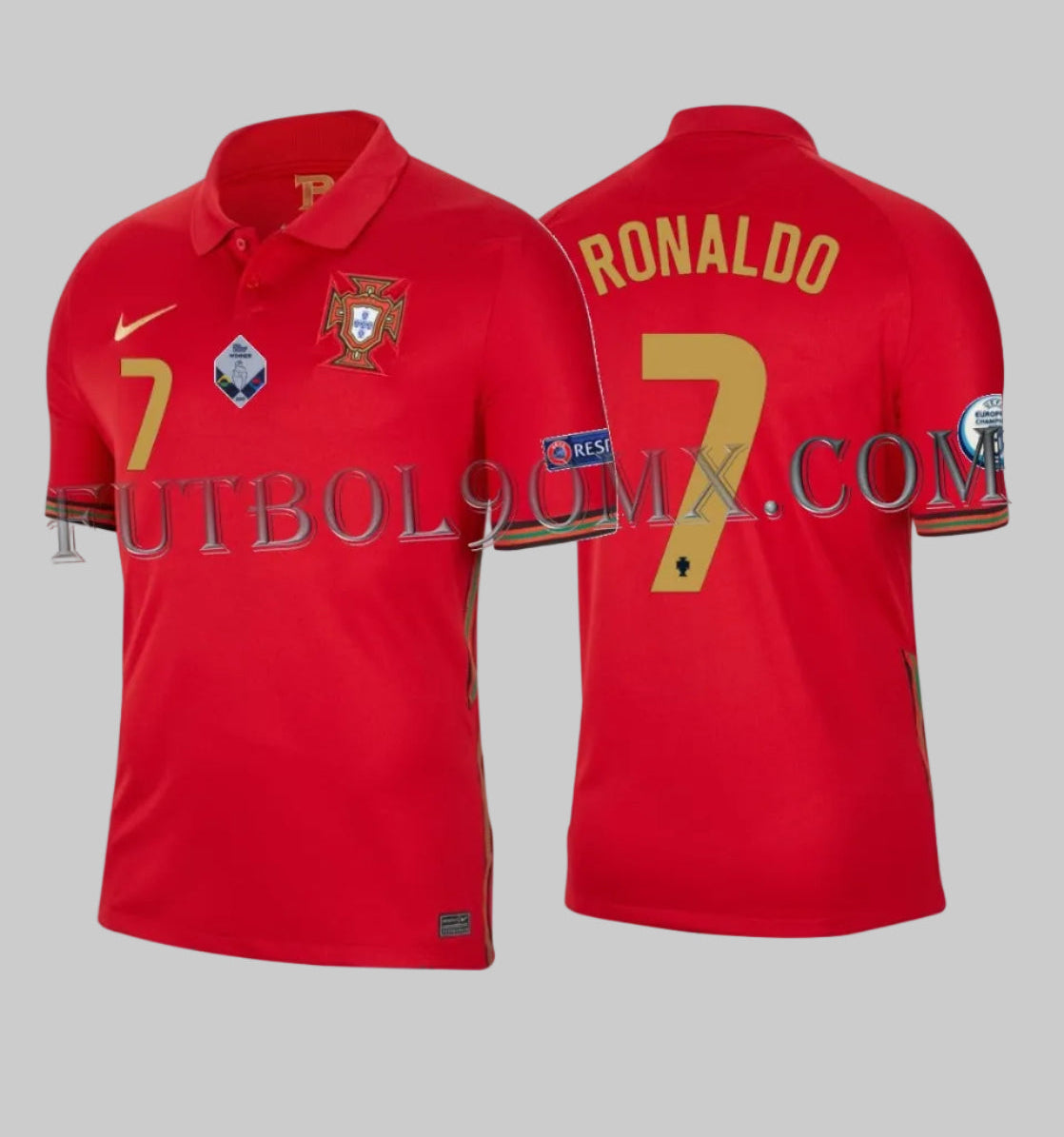 Jersey Nike CD0704-687 Portugal 2020 Home Stadium Cristiano Ronaldo 7 con parches de Campeón de Europa frente y espalda.