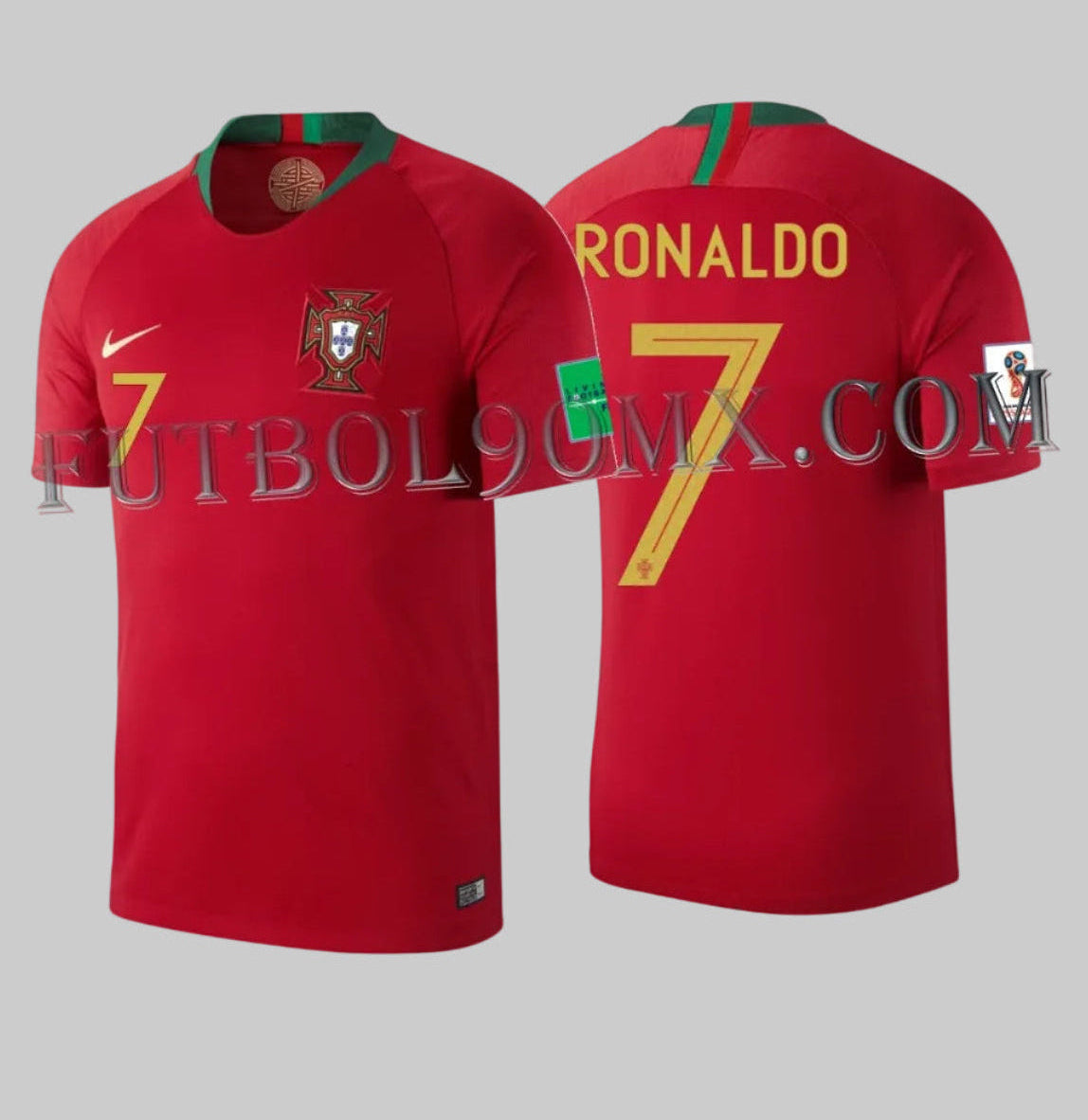 Jersey Nike Portugal Home 2018 de Cristiano Ronaldo en color rojo carmesí con detalles dorados y parches oficiales de la Copa Mundial Rusia 2018 893877-687