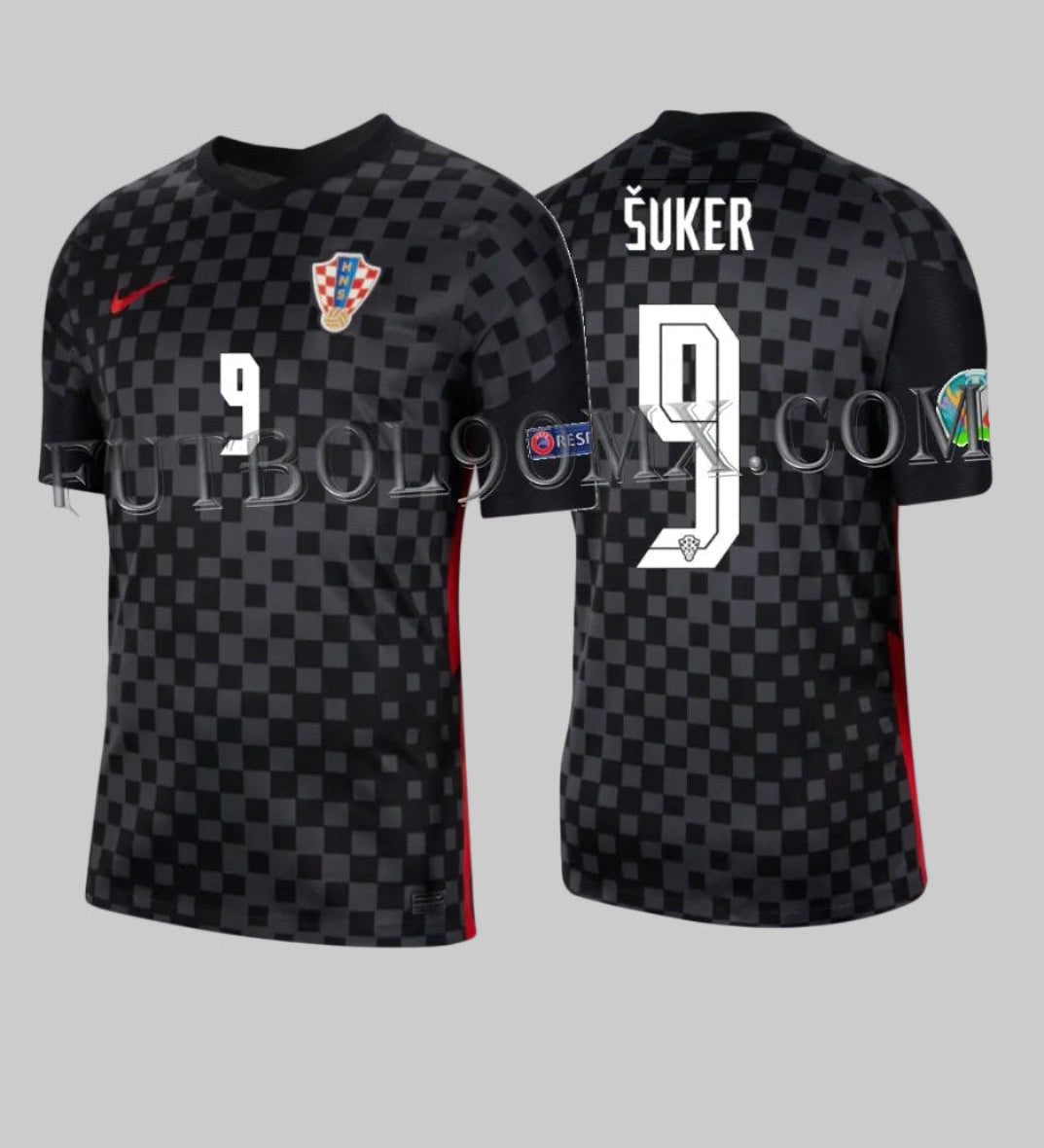 Vista dual del jersey de Croacia con personalización oficial de la Legend Series: nombre ŠUKER y número 9 en tipografía blanca original de Nike, disponible en Futbol90MX, codigo CD0694-060