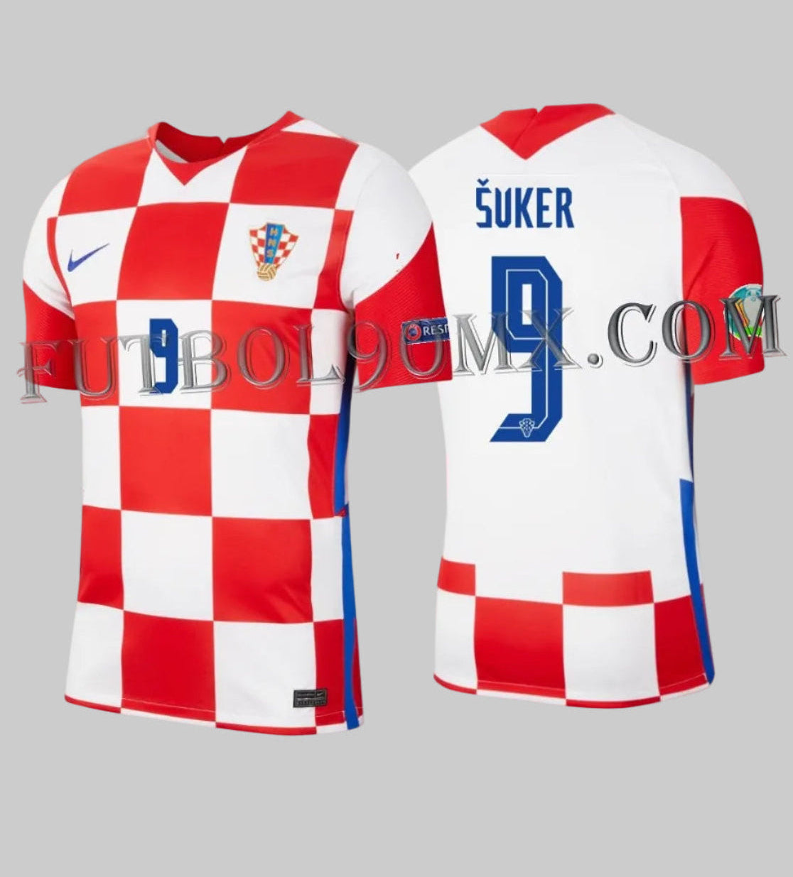 Vista dual del jersey de Croacia con personalización oficial de la Legend Series: nombre ŠUKER y número 9 en tipografía azul original, disponible en Futbol90MX, código de autenticidad: CD0695-100