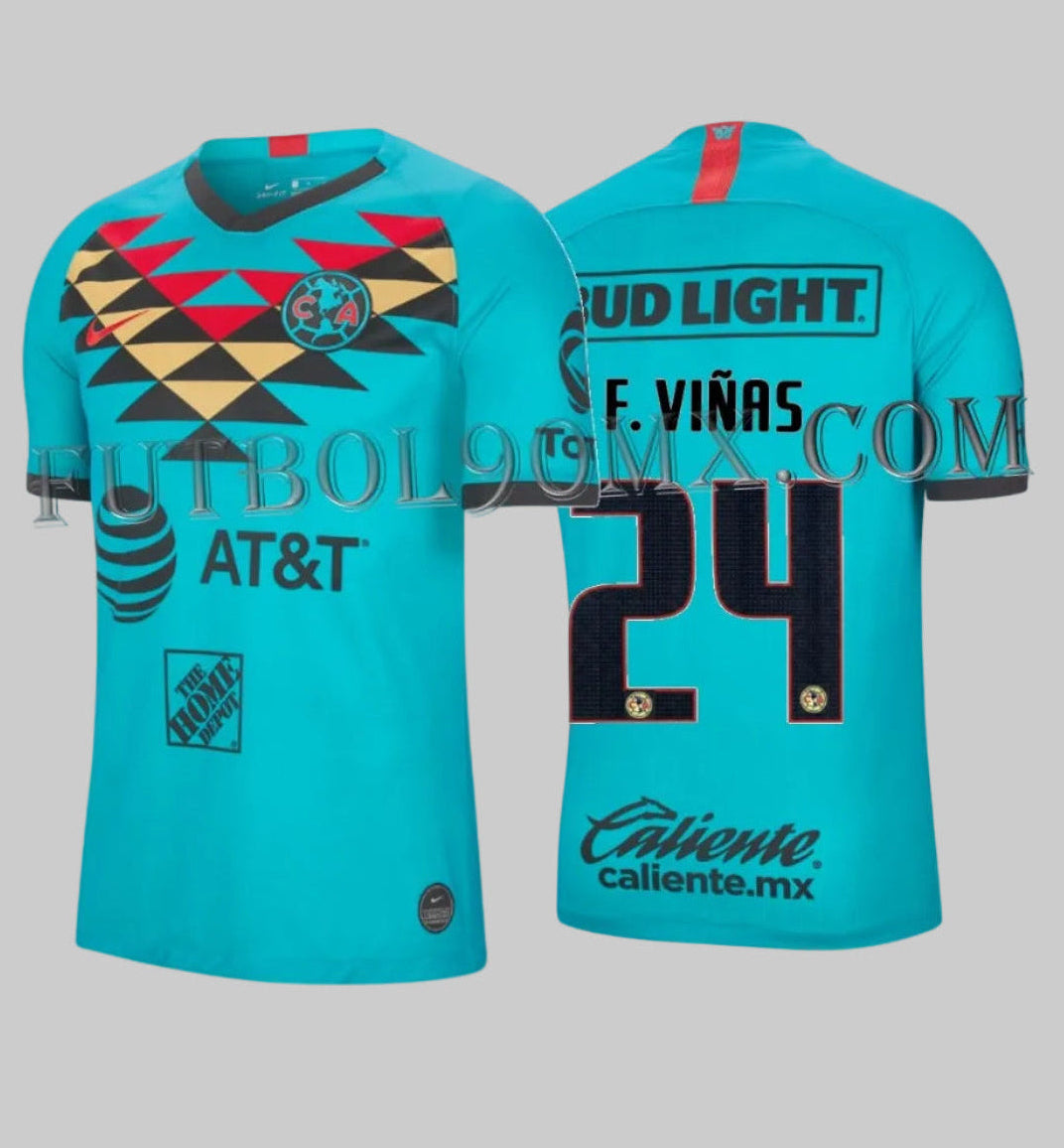 Vista dual completa del tercer jersey Nike del Club América 2020 (versión jugador Federico Viñas #24, código BQ5081-311) sobre fondo blanco, mostrando el diseño turquesa y el patrón azteca en el pecho, disponible en Futbol90MX