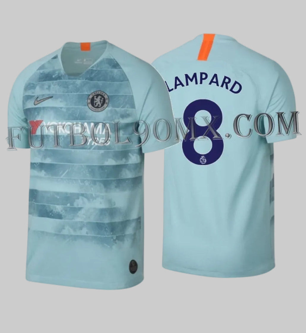 Vista dual del Jersey con estampado oficial de Lampard #8 Nike Chelsea FC Third 2018/19, codigo 919007-453, disponible en Futbol90MX
