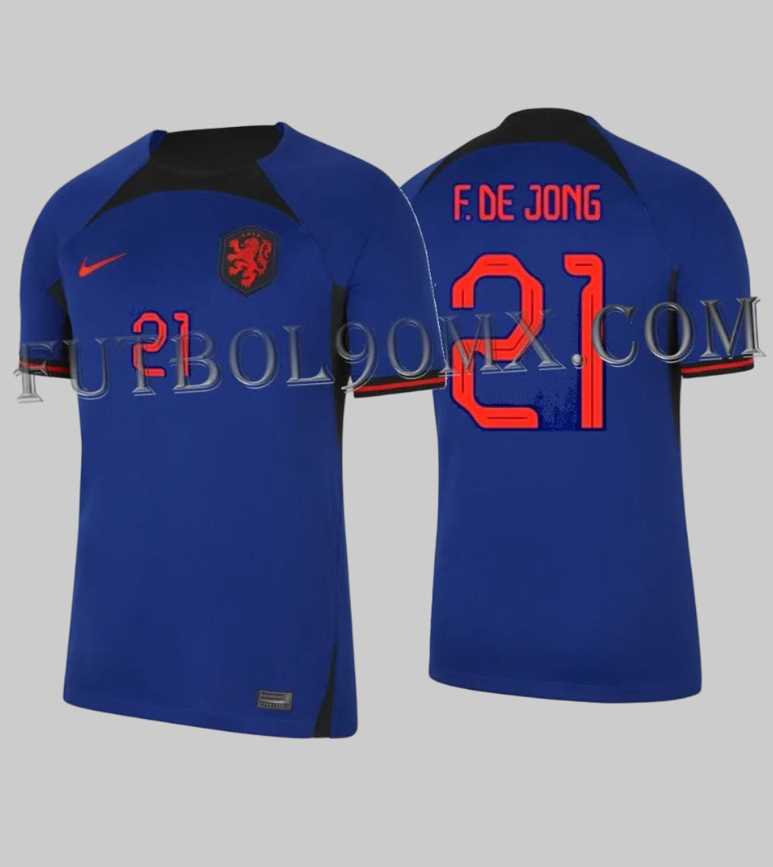 Vista dual del jersey de la selección neerlandesa con el nombre F. DE JONG y el número 21 en tipografía naranja oficial de Qatar 2022, codigo Nike DN0693-455 en Futbol90MX
